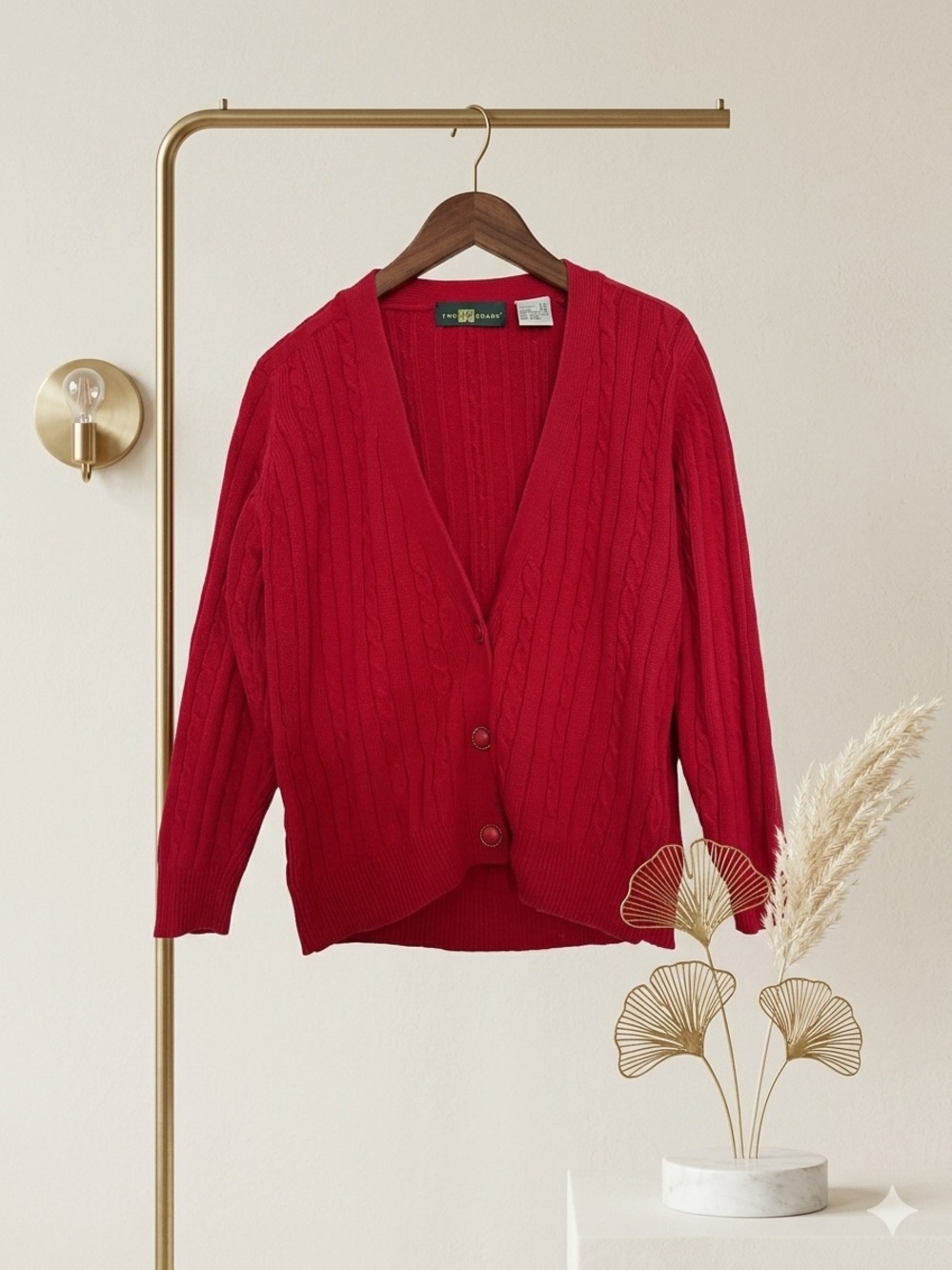 Red Cable-Knit V-Neck Cardigan Sweater